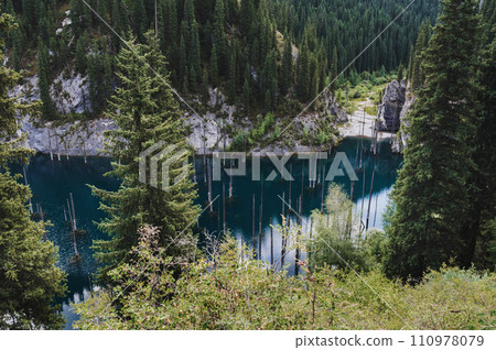 Kaindy Lake in Tien Shan mountains in Kazakhstan in summer with a sunken fir forest. Top view from a drone 110978079