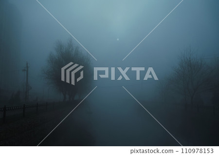 foggy landscape with a river and trees on an alley in the city on an autumn evening in fog mist foggy landscape with a river and trees on an alley in the city on an autumn evening in fog mist 110978153