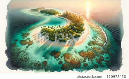 Generative AI A tranquil tropical paradise glows at sunset, with clear waters gently lapping at the pristine sandy shores surrounded by palm trees. 110978458