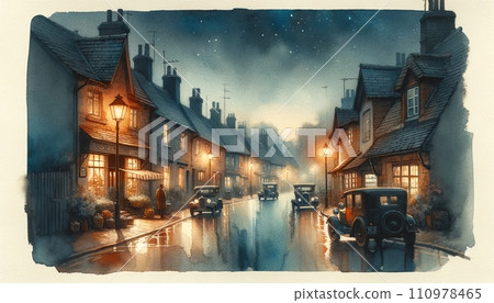 Generative AI An old village street at dusk, illuminated by warm lamplight, under a starry sky with vintage cars parked along the road. 110978465