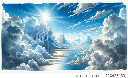 Generative AI The image is a tranquil watercolor painting depicting a radiant sunburst piercing through a vast expanse of fluffy cumulus clouds, reflected over a serene body of water. 110978483