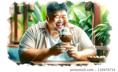 Generative AI Joyful man eating ice cream in a tropical outdoor setting. 110978718