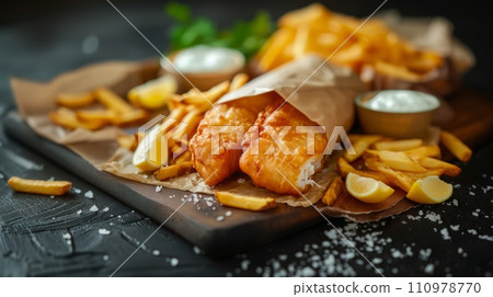 Close up of fish and chips with french fries. Fast food and advertisement concept. 110978770