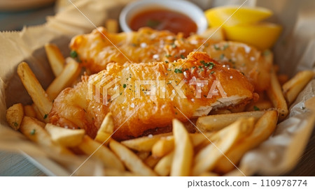 Close up of fish and chips with french fries. Fast food concept. 110978774