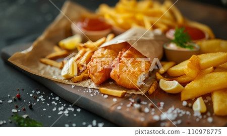 Close up of fish and chips with french fries. Fast food and advertisement concept. Close up of fish and chips with french fries. Fast food and advertisement concept. 110978775