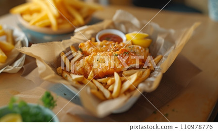 Close up of fish and chips with french fries. Fast food and advertisement concept. Close up of fish and chips with french fries. Fast food and advertisement concept. 110978776