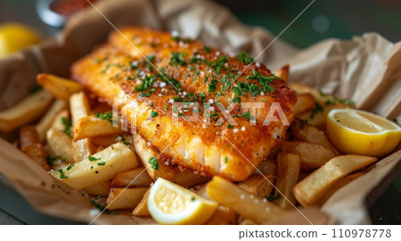 Close up of fish and chips with french fries. Fast food concept. Close up of fish and chips with french fries. Fast food concept. 110978778