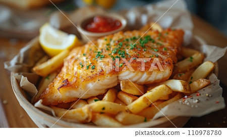 Close up of fish and chips with french fries. Fast food concept. 110978780