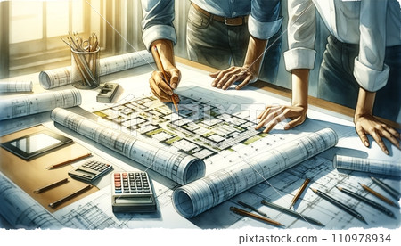 Generative AI Architects working on a building plan with tools and blueprints. Generative AI Architects working on a building plan with tools and blueprints. 110978934