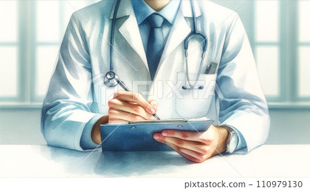 Generative AI Doctor writing notes on a clipboard in a bright clinic. 110979130