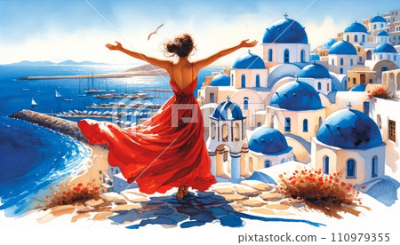 Generative AI A woman in a flowing red dress stands overlooking a scenic coastal village. 110979355
