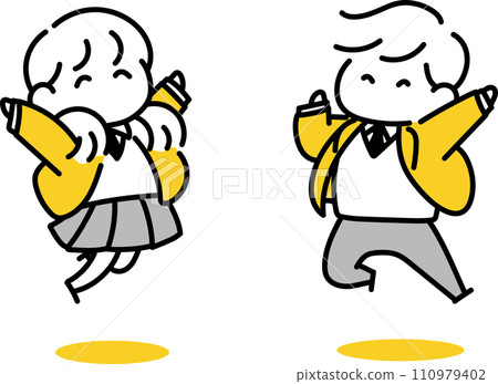 Male and female students jumping Male and female students jumping 110979402