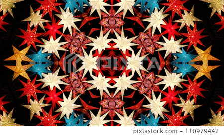 Abstract colorful kaleidoscopic pattern with bright glowing christmas stars Abstract colorful kaleidoscopic pattern with bright glowing christmas stars 110979442
