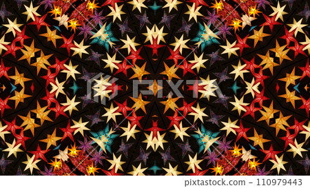 Abstract colorful kaleidoscopic pattern with bright glowing christmas stars Abstract colorful kaleidoscopic pattern with bright glowing christmas stars 110979443