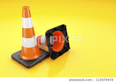 Two traffic cones on yellow backdrop, 3D rendering Two traffic cones on yellow backdrop, 3D rendering 110979459
