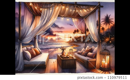 Generative AI An outdoor bed with a sunset beach view, draped with sheer curtains and lit by soft lanterns. 110979511