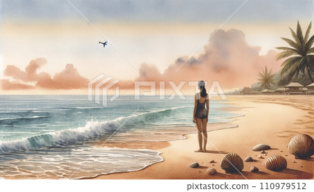 AGenerative AI  woman in a floral swimsuit gazes at a plane flying over a serene beach at dusk. 110979512