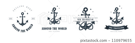 Set of sea traveling logos. Vintage stamps with anchor icons. Maritime cruise. Nautical badges collection. Vector templates for ocean voyages on white background Set of sea traveling logos. Vintage stamps with anchor icons. Maritime cruise. Nautical badges collection. Vector templates for ocean voyages on white background 110979655