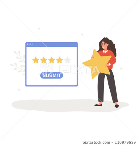 Customer review concept. Woman holding star and giving five stars rating. Dialog window in application with feedback. Positive response. Vector illustration in flat cartoon style Customer review concept. Woman holding star and giving five stars rating. Dialog window in application with feedback. Positive response. Vector illustration in flat cartoon style 110979659
