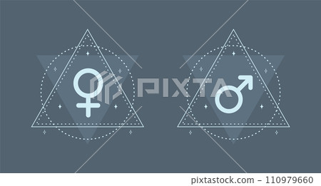 Female and male symbols in boho style. Gender icons with stars and moon. Vector illustration isolated on blue background 110979660