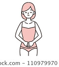 Simple illustration of a young woman smiling with her hand on her stomach/abdomen, pink 110979970