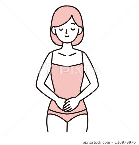 Simple illustration of a young woman smiling with her hand on her stomach/abdomen, pink 110979970