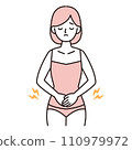 Simple illustration of a young woman suffering from abdominal pain due to constipation or menstrual pain, pink 110979972