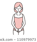Simple illustration of a young woman smiling while placing her hand on her delicate zone/lower abdomen, pink 110979973