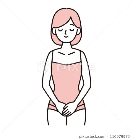 Simple illustration of a young woman smiling while placing her hand on her delicate zone/lower abdomen, pink Simple illustration of a young woman smiling while placing her hand on her delicate zone/lower abdomen, pink 110979973