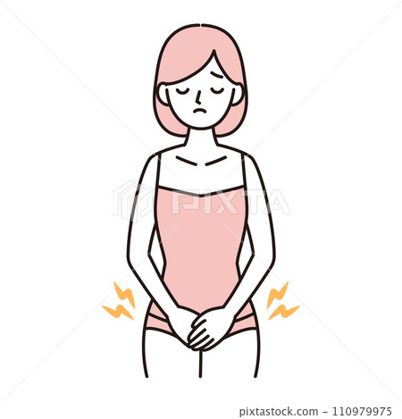 Simple illustration of a young woman with pain in her genitals, uterus, and lower abdomen, pink Simple illustration of a young woman with pain in her genitals, uterus, and lower abdomen, pink 110979975