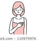 Simple illustration of a woman touching her breasts and checking for lumps, pink 110979976
