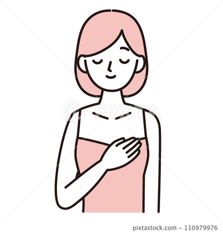 Simple illustration of a woman touching her breasts and checking for lumps, pink Simple illustration of a woman touching her breasts and checking for lumps, pink 110979976