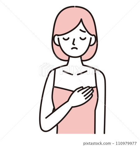 A simple illustration of a woman who has breast problems such as lumps and mastitis and touches her breasts with an anxious expression - pink A simple illustration of a woman who has breast problems such as lumps and mastitis and touches her breasts with an anxious expression - pink 110979977