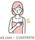 Simple illustration of a woman with pain in her breasts, such as mastitis, mastopathy, breast milk, etc. Pink 110979978