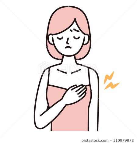 乳房疼痛的婦女的簡單例證,例如乳腺炎、乳腺病、母乳等。粉紅色 乳房疼痛的婦女的簡單例證,例如乳腺炎、乳腺病、母乳等。粉紅色 110979978