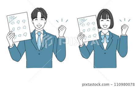 Male and female students fist pumping after getting 100 points Male and female students fist pumping after getting 100 points 110980078