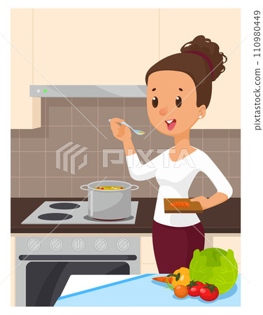 Pretty woman cooking soup at the kitchen. Vector illustration Pretty woman cooking soup at the kitchen. Vector illustration 110980449