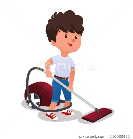 Cute boy with vaccuum cleaner isolated on white background. Vector illustration Cute boy with vaccuum cleaner isolated on white background. Vector illustration 110980451