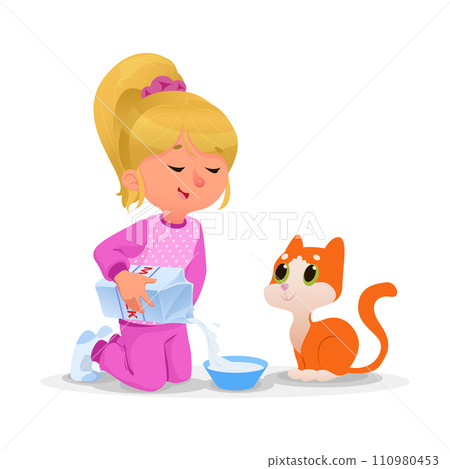 Kid feeding her pet milk. Vector illustration isolated on white background Kid feeding her pet milk. Vector illustration isolated on white background 110980453