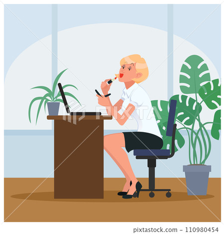 Lazy secretary doing makeup at workplace. Vector illustration Lazy secretary doing makeup at workplace. Vector illustration 110980454