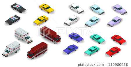 3d isometric police, taxi, ambulance, fire truck, urban car icons. Illustration isolated on white background 3d isometric police, taxi, ambulance, fire truck, urban car icons. Illustration isolated on white background 110980458