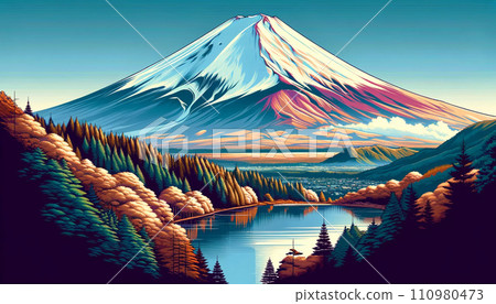 富士山的壯麗景色 - 森林和湖畔的日出“AI圖像” 富士山的壯麗景色 - 森林和湖畔的日出“AI圖像” 110980473