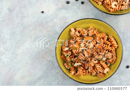 Pasta with mussels and shrimp. Pasta with mussels and shrimp. 110980577
