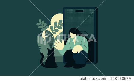 Digital Detox, Woman comes out of Phone Screen to play with Cat Flat Vector Illustration Concept Digital Detox, Woman comes out of Phone Screen to play with Cat Flat Vector Illustration Concept 110980629