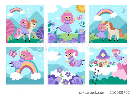 Vector fairy scenes set. Square backgrounds collection with little princess. Magic or fantasy world illustrations with girl, unicorn, rainbow, cottage on cloud. Fairytale landscape for kids 110980792
