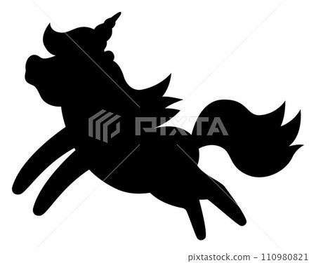 Vector black unicorn silhouette. Fantasy running animal shadow. Fairytale horse character illustration for kids. Cartoon magic creature icon isolated on white background 110980821