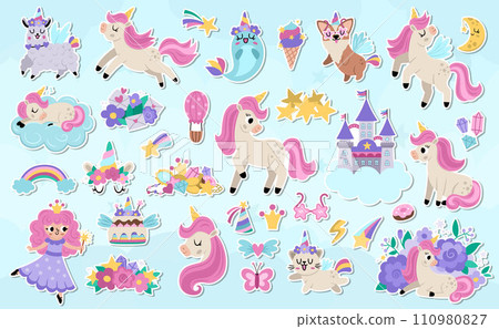 Big vector unicorn stickers set. Fairytale patch icon collection with funny fairy princess, rainbow, castle, falling star. Cute flat magic fantasy world offset illustrations on blue abstract Big vector unicorn stickers set. Fairytale patch icon collection with funny fairy princess, rainbow, castle, falling star. Cute flat magic fantasy world offset illustrations on blue abstract 110980827