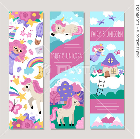 Cute unicorn vertical cards set with fairy, castle, magic forest, rainbow. Vector fairytale vertical print templates. Fantasy world bookmark design for tags, postcards, ads, party, holiday, birthday Cute unicorn vertical cards set with fairy, castle, magic forest, rainbow. Vector fairytale vertical print templates. Fantasy world bookmark design for tags, postcards, ads, party, holiday, birthday 110980851