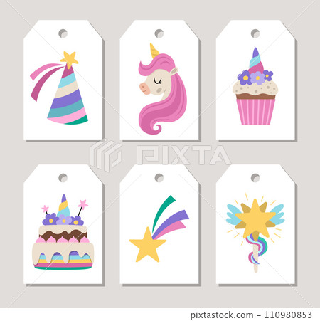Cute unicorn price tag cards set with tractor, barn, farmer, cow. Vector fantasy world print templates with birthday hat, cake, cupcake, horn, magic wand. Fairytale design for tags, party, holiday Cute unicorn price tag cards set with tractor, barn, farmer, cow. Vector fantasy world print templates with birthday hat, cake, cupcake, horn, magic wand. Fairytale design for tags, party, holiday 110980853
