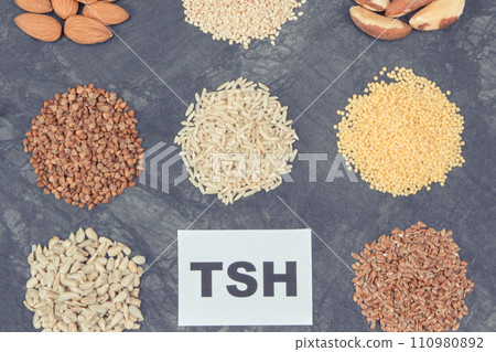 Inscription TSH with fruits, vegetables and other ingredients as beneficial eating for thyroid gland 110980892